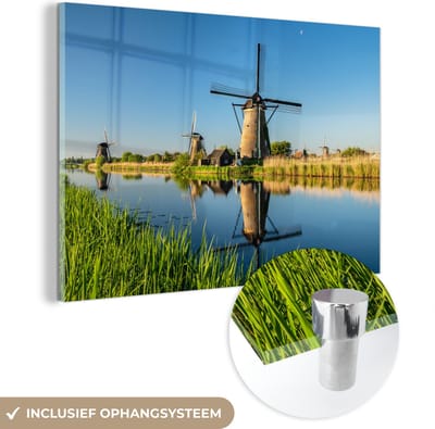 ® Glasschilderij 180x120 cm - Schilderij acrylglas - Molen - Lente - Nederland - Foto op glas - Muurdecoratie woonkamer - Wanddecoratie slaapkamer - Schilderijen