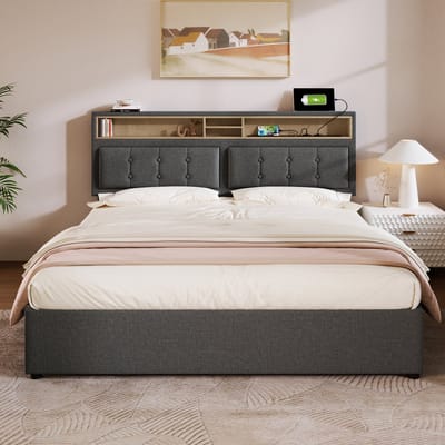 VVBV Gestoffeerd Opbergbed 140x200 cm - USB-C Laadstation, 4 Lades, Lattenbodem, Planken - Linnen Grijs Zonder Matras