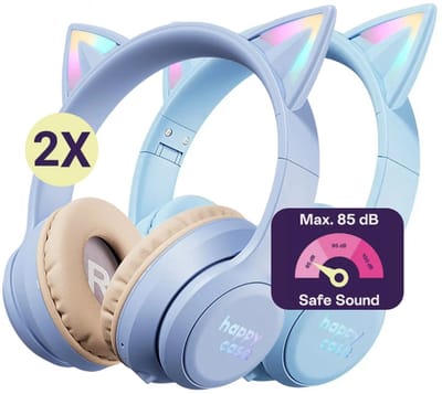HappyCase Popz - Duo Pack Kinder Koptelefoon Draadloos - Kattenoortjes - Koptelefoon Voor Kinderen - Ledverlichting - Ingebouwde Microfoon - Over-Ear - 85db volumebregrenzer Bluetooth - Blauw & Paars