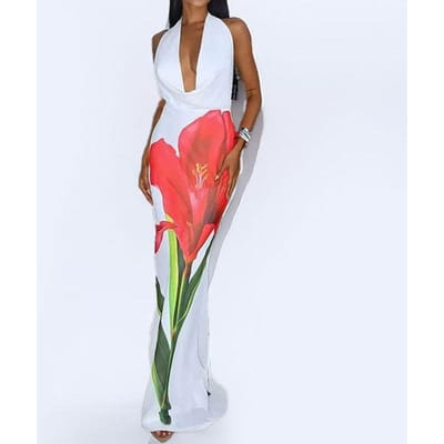 Zomer Dames Temperamentvol en Elegant Stijlvol High-waist Mouwloos Bedrukt Rugloos Jurk 2XL red