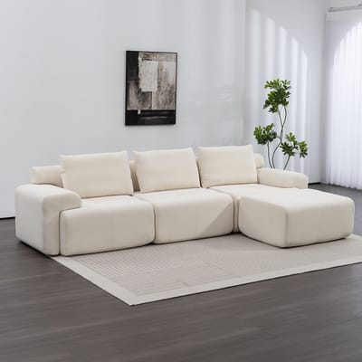 Wishdor Modulaire Hoekbank - Diepe Zitting En Verplaatsbare Hocker - Modern Ontwerp - Voor Woonkamer Of Werkkamer - Stoffen Bekleding - Wit - 305 X 63 Cm