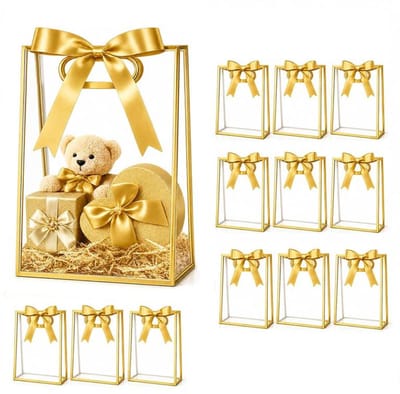 12 Pack Cadeauzakjes – Transparante plastic cadeauzakjes met hengsels – Herbruikbaar PP-materiaal – Inclusief linten – Geschikt voor bruiloften, verjaardagsfeestjes, babyshowers, cadeaus en zakelijke evenementen - 18 x 8 x 26 cm – Goud