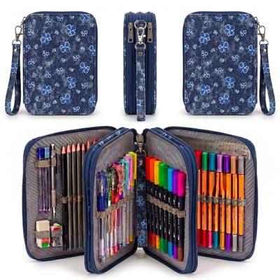 KZQ Etui met grote capaciteit – Drie lagen met ritssluiting en handvat – Bloemenprint – Geschikt voor maximaal 200 pennen – Ideaal voor het opbergen van studie-, knutsel- en kantoorbenodigdheden (Denim bloemenprint).