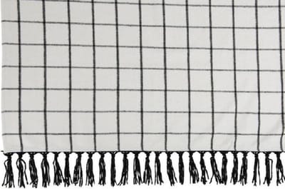 Plaid - deken - 1.50 x 1.20 mtr. - wolwit/zwart geruit met velours- franje