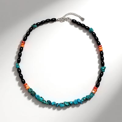 Cavill - Handgemaakte Zilveren Halsketting - 925 Sterling Zilver - Zwarte Onyx 56 ct - Turkoois & Oranje Stekeloester - Verstelbaar - Uniek Design