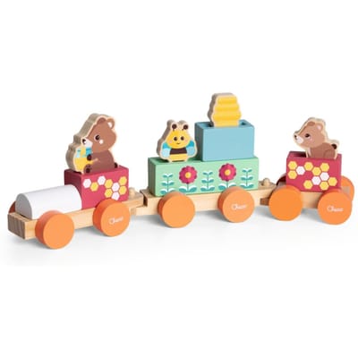 Chicco My Wood Friends Teddyberentrein - Houten Montessori Speelgoed - Stapeltrein met 3 Wagons, 5 Gekleurde Blokken en Figuren - FSC-hout (2+J)