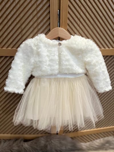 luxe feestjurk-bruidsjurk-doopkleding-tule jurk met jasje-bloemenmotief-baby jurk-tutu rok- tweedelige set- katoenen jurk met steentjes en bloem-bruidsmeisjes-doopsel-bruiloft-verjaardag-foto shoot- wit donkerbeige kleur - maat 86 - 12-18 maanden