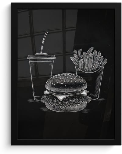 Poster in lijst - Fotolijst 30x40 cm - Posters - Hamburger - Friet - Frisdrank - Krijttekening - Posterlijst zwart - Decoratie - Wanddecoratie woonkamer - Muurdecoratie slaapkamer