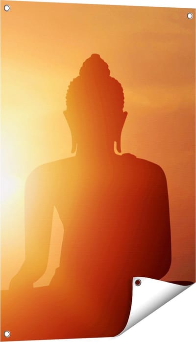 Gards Tuinposter Silhouet van een Boeddha Beeld met Zonsondergang - 60x90 cm - Tuindoek - Tuindecoratie - Wanddecoratie buiten - Tuinschilderij
