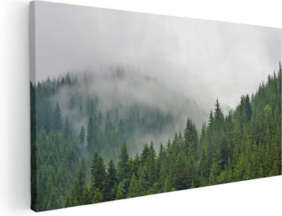 Artaza Canvas Schilderij Bos - 40x20 cm - Klein - Wanddecoratie Bergen - Muurdecoratie Mist - Schilderijen Op Canvas Natuur