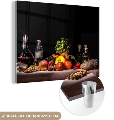 MuchoWow® Glasschilderij 120x90 cm - Schilderij acrylglas - Stilleven - Eten - Drinken - Fruit - Zwart - Foto op glas - Muurdecoratie woonkamer - Wanddecoratie slaapkamer - Schilderijen