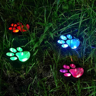 KZQ 4-Pack Solar Tuinlampen in Pootafdruk-vorm – Tuindecoratie op Zonne-energie – IP44 Waterbestendig – Ideaal voor Tuinen, Gazons, Dierenmonumenten, Paden en Terrassen – Kleurrijk Licht