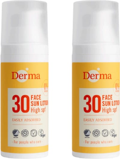 Derma Sun - Gezichtszonnecrème SPF30 2 x 50 ml - Waterbestendig - Geschikt onder Make-up - Met Aloe Vera en Hyaluronzuur - Parfumvrij - AllergyCertified