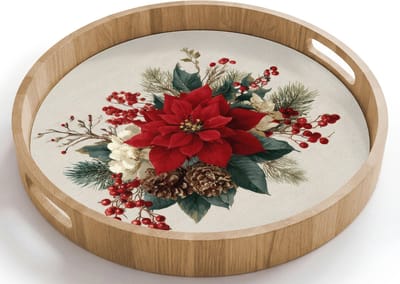 Dienblad rond 40x40 cm - Schootdienblad hout - Kerststuk - Poinsettia - Dennenappels - Rood - Borrelplank rechthoek - Plateau houten dienbladen