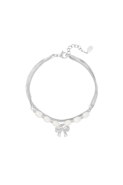 Armband Dames – Dubbele Armband met Parels en Strik – Zilverkleurig – RVS – Verstelbaar – Abeillefashion