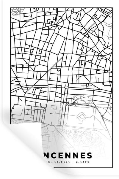Muurstickers - Sticker Folie - Plattegrond – Kaart – Frankrijk – Vincennes - Stadskaart - Zwart wit - 20x30 cm - Plakfolie - Muurstickers Kinderkamer - Zelfklevend Behang - Zelfklevend behangpapier - Stickerfolie