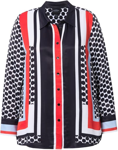 Ulla Popken - Dames - Blouse patroonmix overhemdkraag lange mouwen - Sneeuwwit - Maat 46+
