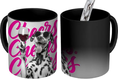 Magische Mok - Foto op Warmte Mokken - Koffiemok - Cheers - Hond - Roze - Wijn - Magic Mok - Beker - 350 ML - Theemok - Mok met Tekst