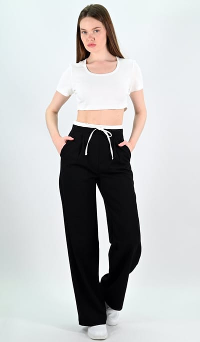 YesMooi - Wijde broek met Dubbele Tailleband - Zwart - L (40)