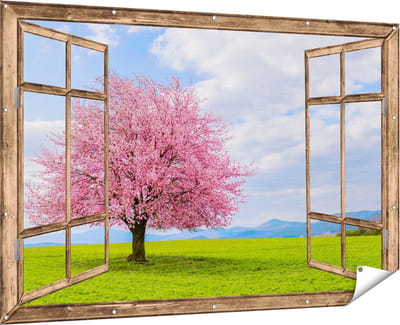 Gards Tuinposter Doorkijk Roze Sakura Bloesem Boom in het Groene Veld - 180x120 cm - Tuindoek - Tuindecoratie - Wanddecoratie buiten - Tuinschilderij