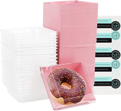 100 stuks taartplakdozen met doorzichtige deksels, 13 cm papieren dozen voor desserts, ideaal voor cake, koekjes en sandwiches, roze
