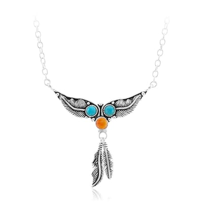 Cavill - Zilveren Halsketting - 925 Sterling Zilver Antiek - 2x Blauwe Kingman Mohave Turkooisen 0,94ct + Oranje Oester 0,47ct - Boho Ronde Cabochon