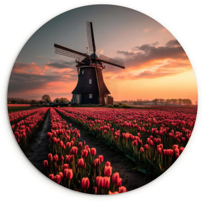 WallCircle® Wandcirkel 120x120 cm - Muurcirkel Molen - Zonsondergang - Tulpen - Rood - Muurdecoratie woonkamer - Wanddecoratie slaapkamer - Kamer decoratie accessoires - Ronde schilderijen XXL