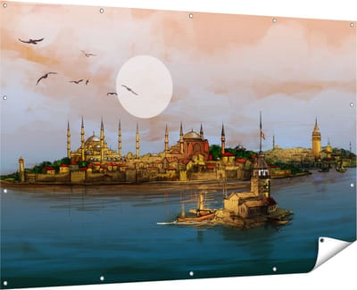 Gards Tuinposter Illustratie van de Maiden's Tower in Istanbul - 180x120 cm - Tuindoek - Tuindecoratie - Wanddecoratie buiten - Tuinschilderij