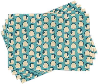 ABAKUHAUS Pinguïn-placematten, Arktische vogels – knuffelige dierenfiguren-motieven op een tealkleurige achtergrond, Zuidpoolfauna, Tiscjdeco, van kleurvast stof, voor eetkamer en keuken, Veelkleurig