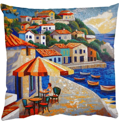 Sierkussens - Kussentjes Woonkamer - 50x50 cm - Kustdorp - Huisjes - Mozaïek - Zee