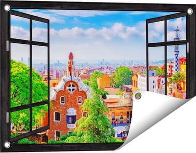 Gards Tuinposter Doorkijk Park Güell in Barcelona - Kleurrijk - 60x40 cm - Tuindoek - Tuindecoratie - Wanddecoratie buiten - Tuinschilderij