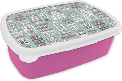 Broodtrommel Roze - Lunchbox - Brooddoos - Patronen - Huis - Skyline - 18x12x6 cm - Kinderen - Meisje