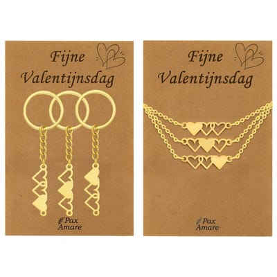 Koppel Ketting + Sleutelhanger voor 3 'Fijne Valentijnsdag' - Hartjes - Bundel op Cadeau Kaartje - Goudkleurig - Vriendschap of Relatie Symbool - Pax Amare