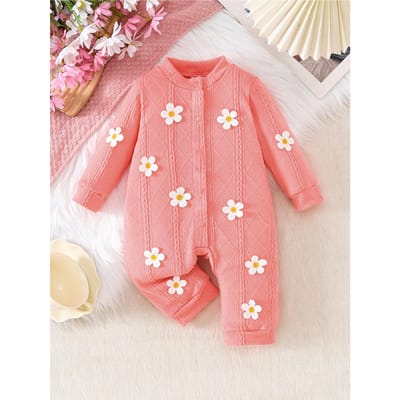 1 pièce Salopette Marguerites Bébé Fille Printemps Automne, 0-12 Mois, Combinaison Manches Longues Rose Côtelée avec Décor Fleur 3D, Style Doux Mignon, Quotidien 9-12M rose