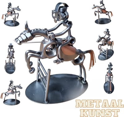 Paardrijder rijd over obstakel-metaal kunst-metaal beeld-sport-paard-het beste cadeau-uniek cadeau-sinterklas gift-kerst-geschenk