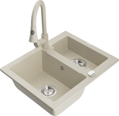 Mexen Carlos granieten gootsteen 1,5-komorige met keukenmengkraan Elia, beige - 6518-69-670101-69