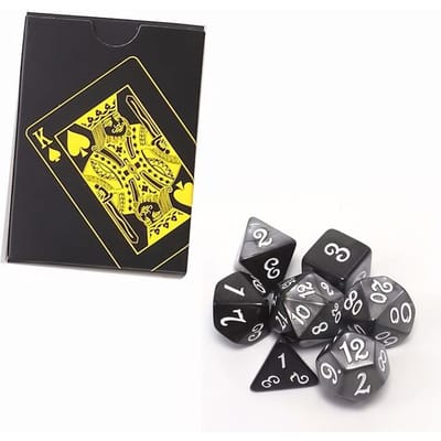 Jeu de cartes à jouer et jeu de 7 dés Cartes à jouer en plastique imperméables et résistantes à l'usure Dés numériques multi-faces bicolores argentés et noirs noir