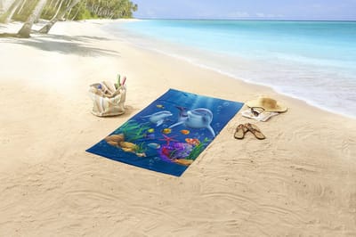 Strandlaken voor Kinderen 75x150 cm - Dolfijnen en Zeeleven Print - Blauw - Good Morning - Oeko-Tex Gecertificeerd - Zacht Polyester Velours
