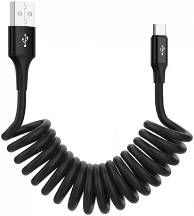 SBG Universele Rekbare USB-C Krulsnoer Kabel | USB - A naar USB - C | Ideaal voor Android Auto & Apple CarPlay | 1 Meter | 1M | Zwart