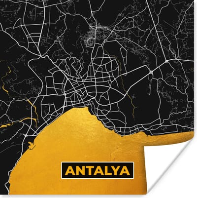 Poster Antalya - Goud - Plattegrond - Stadskaart - Kaart - 100x100 cm XXL