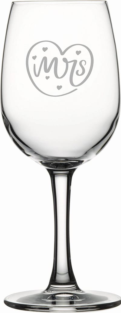 Gegraveerde witte wijnglas 26cl Mrs. In hartje