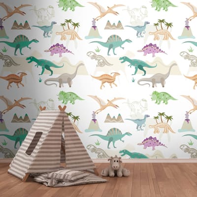 Fotobehang Profhome 391941-GU vliesbehang hardvinyl warmdruk in reliëf glad met kinder patroon mat crème beige groen paars 1,59 m x 2,8 m