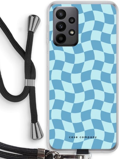 Case Company® - Hoesje met koord geschikt voor Samsung Galaxy A23 hoesje met Koord - Grid Blauw - Telefoonhoesje met Zwart Koord - Bescherming aan alle Kanten en Over de Schermrand