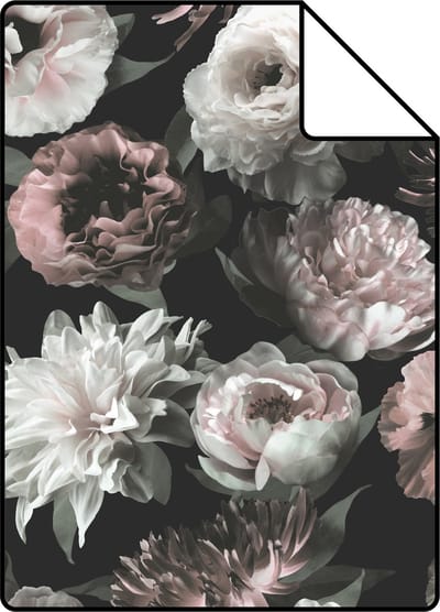 Proefstaal ESTAhome behang bloemen zwart, wit en zacht roze - 26.5 x 21 cm - 139169-S
