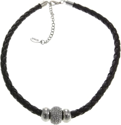 Behave - Ketting Gevlochten Imitatieleer - Met Kraal en Steentjes - Zwart