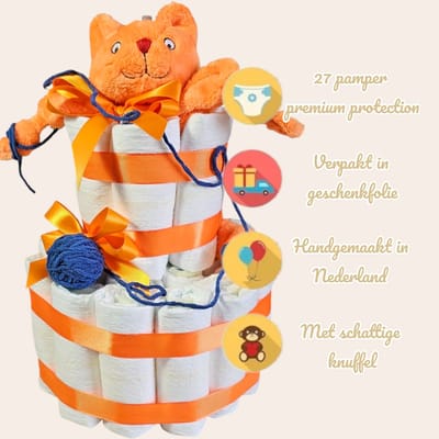 Luiertaart Dikkie Dik – 2 Laags met Knuffeldoekje en 27 Pampers - superschattig kraamcadeau
