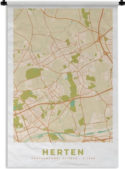 Wandkleed - Wanddoek - Stadskaart - Herten - Kaart - Vintage - Plattegrond - 120x180 cm - Wandtapijt