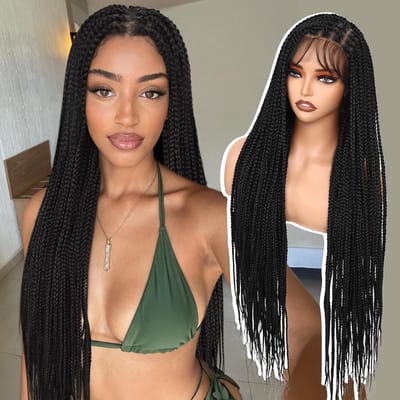 Dailygoods- Box Braids Pruik 90cm - Glueless Full Lace - Synthetisch Haar - Babyhaar - Natuurlijke Looks - Inclusief Pruikenkapjes - Gevlochten Pruik