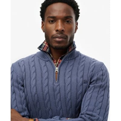 Superdry Biologisch Katoenen Klassieke Kabel Halve Rits Trui Blauw Grootte: S