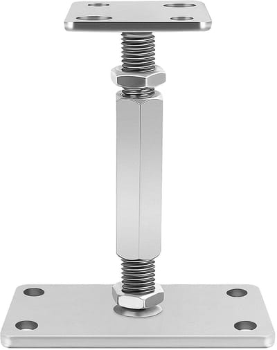Steunvoet, verstelbaar, hoogte 140-200 mm, verzinkt, vloervoet, steunpoot, palen poten, bodemplaat 160 x 80 mm, dragerplaat 80 x 80 mm, zilver